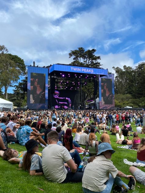 2022 outside lands music festival at golden gate park in san francisco, california. twin peaks stage with people standing and sitting down Outside Stage, Festival Landscape, 2024 Moodboard, Outside Lands, Festival 2022, Music Events, Outdoor Concert, Local Music, San Francisco Travel