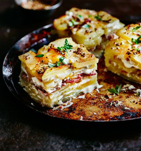 Dauphinoise potatoes with ham hock and mustard recipe | Sainsbury`s Magazine Potatoes With Ham, Dauphinoise Potatoes, Pudding Chia, Mustard Recipe, Ham Hock, Pub Food, Comfort Dishes, Munnar, Potato Side Dishes