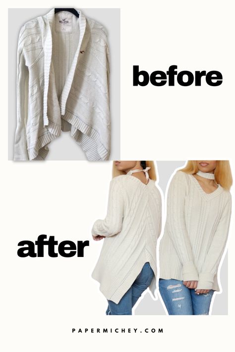 DIY Cardigan Upcycle into Oversized V-Neck Sweater and Choker How To Make A Pullover Sweater Into A Cardigan, Turn Sweatshirt Into Cardigan, Resize Oversized Sweater, Oversized V-neck Versatile Cardigan, Oversized Vintage V-neck Cardigan, Diy Cardigan, Recycle Old Clothes, Waterfall Cardigan, Cable Knit Sweater Cardigan