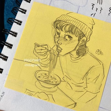 Food eat asian aesthetic eating food noodles perspective ulzang fashion art portrait how to draw, how to sketch, make art, artstyle, cartoon , animation , sketch , sketchbook, illustration, artistic, color art cute Sticky Note Drawings Cute, Soup Drawing, Sketchbook Animation, Art Cartoon Drawing, Noodles Asian, Post It Art, Yellow Sticky Notes, Doodle Pencil, Eating Noodles