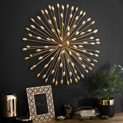 Gold Metal Wall Art D 70 cm | Maisons du Monde Bild Gold, Gold Metal Wall Art, Art Deco Bedroom, Diy Wand, Gold Sunburst, Metal Tree Wall Art, Indoor Design, Metal Tree, Wooden House