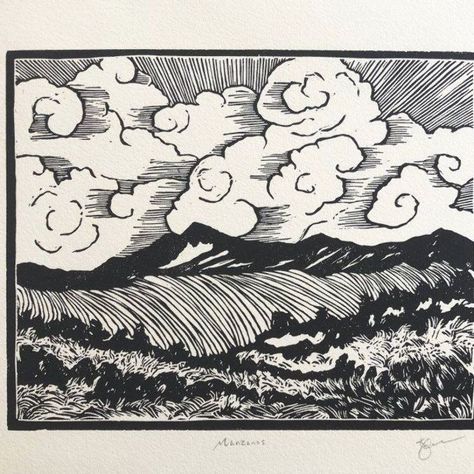 Excited to share this item from my #etsy shop: Manzanos Linocut Print Original Art with Mountains and Clouds Linoleum Printmaking, Woodblock Printmaking, Black And White Contrast, Relief Printmaking, Woodcut Art, Linoleum Print, Linocut Printmaking, Lino Art, Stamp Carving