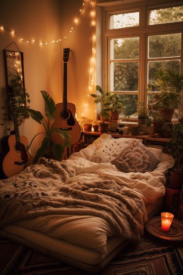 Use a palette of whites, creams, and soft grays for a sophisticated look. Incorporate natural elements like pinecones, twigs, and eucalyptus for a cozy yet chic vibe. Bed Fairy Lights, Bedroom Indoor Plants, Boho Minimal Bedroom, Minimal Bedrooms, Guitar Aesthetic, Loft Inspiration, Bedroom Ideas For Small Rooms Cozy, Minimal Bedroom, Boho Interior Design