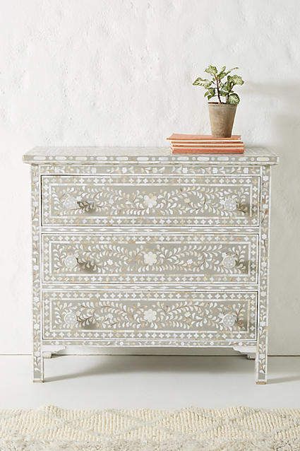 Anthropologie Mother-of-Pearl Inlay Three-Drawer Dresser | #ad #furniture #dresser #drawers #livingroomdecor #bedroomdecor #beachhousedecor #bohemiandecor Beach Home Interiors, Three Drawer Dresser, Diy Dresser Makeover, Diy Beach, Bone Inlay Furniture, Hanging Furniture, Inlay Furniture, Diy Dresser, Pearl Inlay