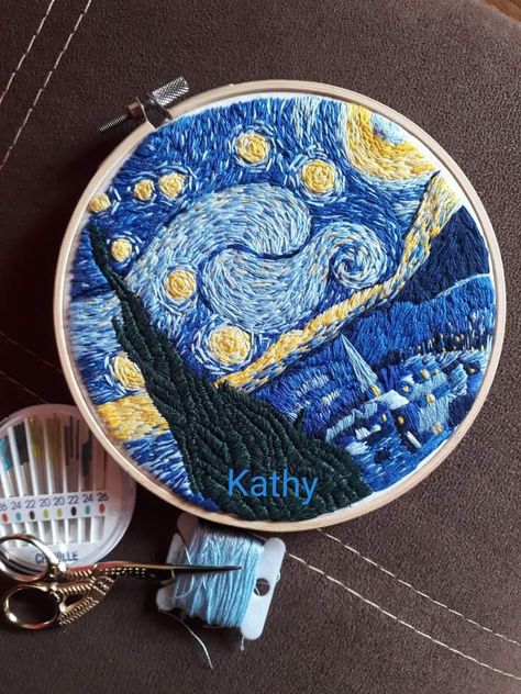 Van Gogh Embroidery Simple, Clothes Mending, Van Gogh Embroidery, Embroidery Simple, Punch Needle Patterns, Night View, Punch Needle, Van Gogh, Starry Night