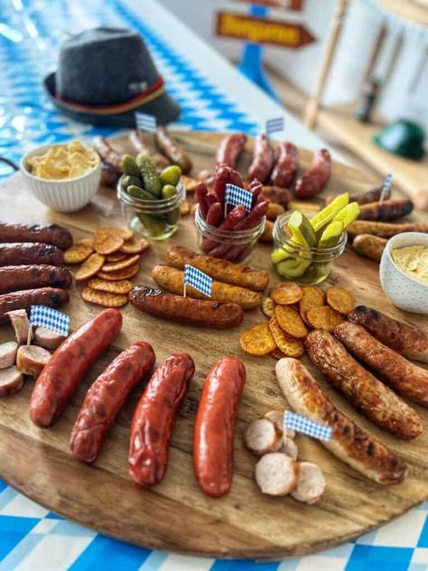 Oktoberfest Charcuterie Board - Oktoberfest Charcuterie, Octoberfest Party Ideas, Seafood Dinner Party, Oktoberfest Party Decorations, Octoberfest Party, Hot Dog Party, Oktoberfest Food, Octoberfest Food, Oktoberfest Party