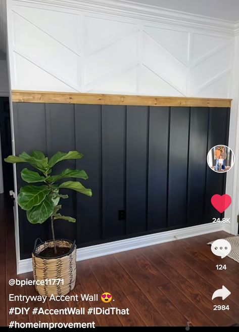 Black And White Shiplap Wall, Two Toned Basement Walls, Half Wood Accent Wall, Wall Colors For Living Room 2025, Black Shiplap Wall Entryway, Black Board And Batten Half Wall Bedroom, Accent Entry Wall, Iron Ore Shiplap Wall, Dark Vertical Shiplap