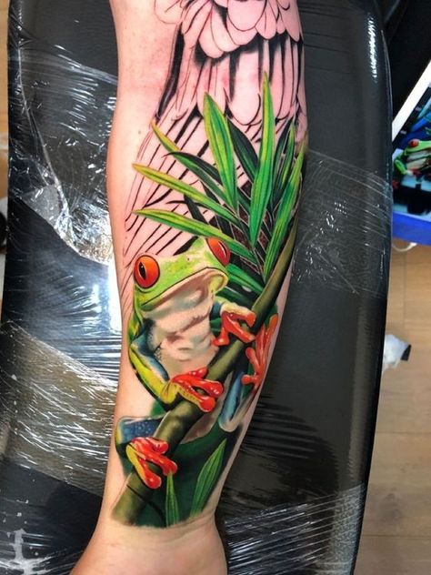 Chris Tattoo, Tree Frog Tattoos, Jungle Tattoo, Island Tattoo, Scene Tattoo, Small Dragon Tattoos, Poison Dart Frog, Frog Tattoo, Family Tattoo Designs