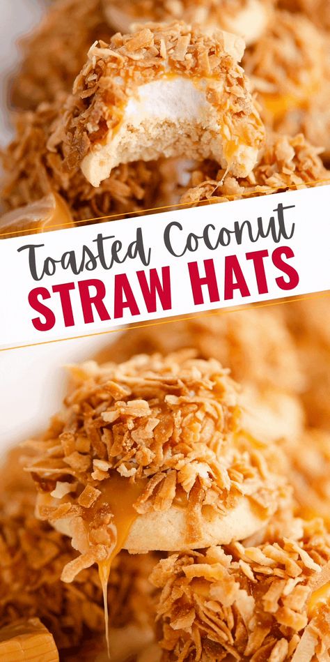 Toasted Coconut Straw Hat Cookies are a unique Christmas cookie made with an easy sugar cookie and marshmallow coated in a creamy caramel, all finished with toasted coconut. #ChristmasCookie #CoconutCookie #UniqueCookie Christmas Dessert Platter, Marshmallow Caramel, Coconut Cookies Recipes, Best Holiday Cookies, Cookie Recipes Unique, Fall Hat, Hat Cookies, Buzzfeed Tasty, Creamy Caramel