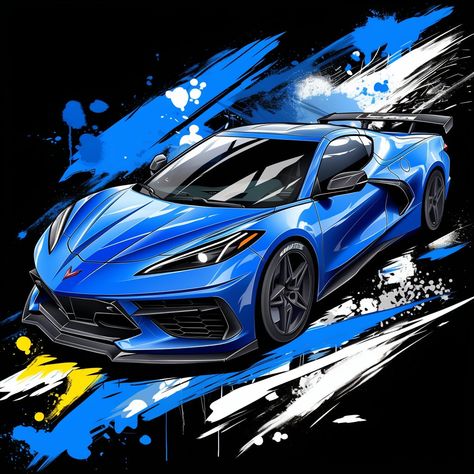 Corvette Stingray Drawing, Corvette C8 Drawing, Corvette Painting, Blue Corvette Wallpaper, Blue Corvette Aesthetic, Corvette Art, Chevrolet Corvette Z06, Super Fast Cars, Boys Prints