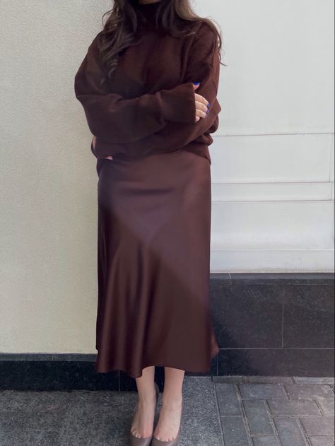 Chocolate silk skirt with a chocolate sweater Brown Satin Dress Winter, Chocolate Satin Skirt Outfit, Brown Silk Skirt Outfit, Chocolate Sweater, Silk Skirt Outfit, Silk Skirts, Skirt Aesthetic, 2023 Outfits, Skirt Jumper