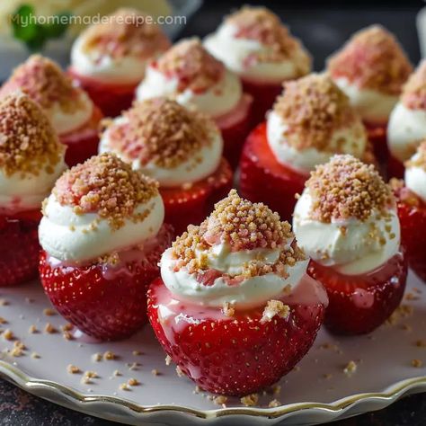 Strawberry Cream Cheese Deviled Eggs, Strawberry Shortcake Deviled Eggs, Easy Cheesecake Deviled Strawberries, Deviled Egg Strawberries, Dessert Deviled Eggs, Cream Cheese Deviled Strawberries, Cheesecake Deviled Strawberry Platter, Strawberry With Cream Cheese Filling, Yummy Birthday Desserts