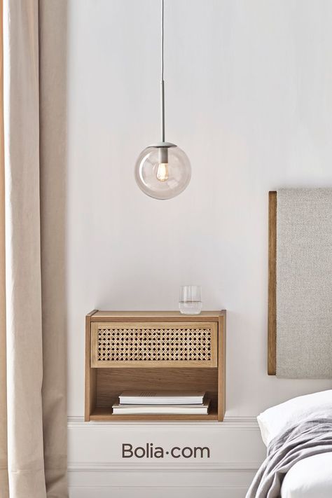 Bedside table in an iconic and light decor Floating Bedside Tables Bedroom, Wall Hanging Bedside Tables, Floating Bedside Table Ideas Modern, Small Wicker Bedside Table, Floating Lights Bedroom, Bed Side Table Floating, Floating Bedroom Side Tables, Wicker Bedside Table, Floating Bedside Table Ideas