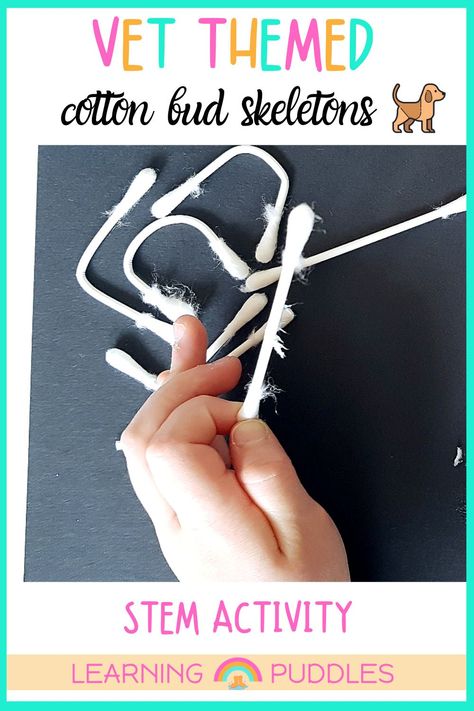 We love this cotton bud skeletons STEM activity from Learning Puddles. Make your own DIY skeletons of different pets using cotton buds / q tips. Great to use alongside your Vet & Pet themed activities, Halloween activities or living things science unit. Pet Stem Activities, Skeleton Craft, Q Tips, Role Play Areas, Animal Learning, Cat Anatomy, Animal Skeletons, Dog Skeleton, Stem Activity