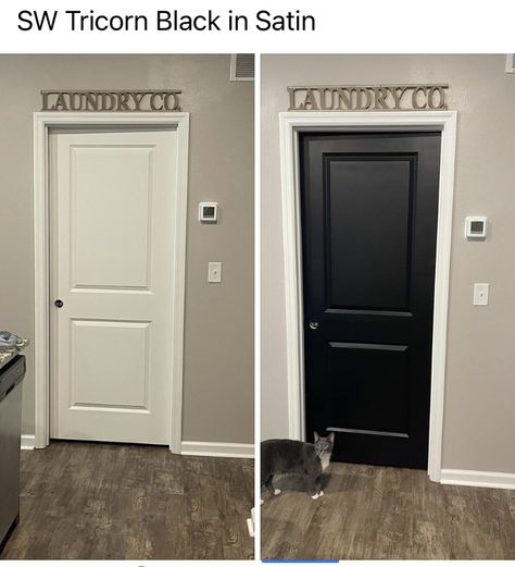 Black Hallways Doors, Black Doors Inside House, Black Accent Doors Interior, Black Kitchen Doors, Tan Walls Black Doors, Matte Black Interior Doors, Hallway And Door Paint Colors, Matte Black Doors Interior, Black Doors With Grey Walls