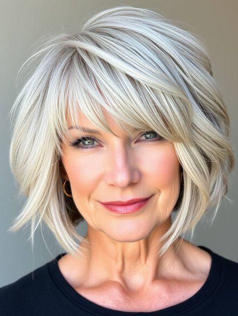 Sassy Haircuts For Women, Shag Hair, Sassy Haircuts, Layered Bob Haircuts, Haircuts For Women Over 50, Aging Beauty, Bangs With Medium Hair, Silver Blonde, Pixie Hair