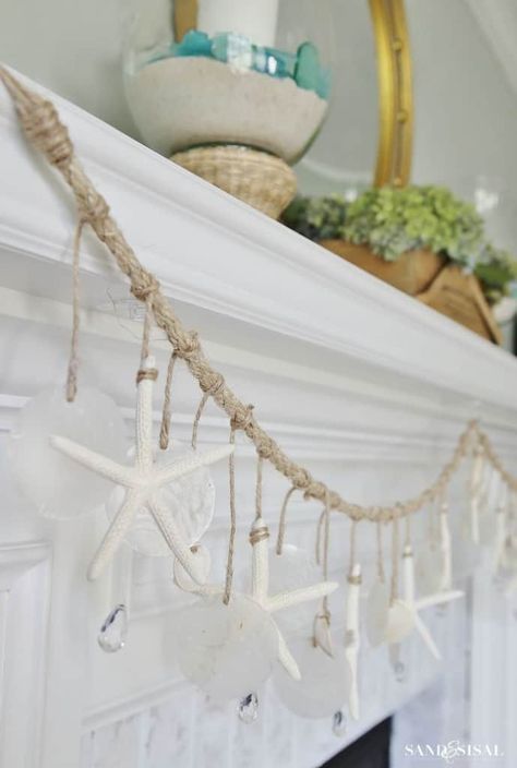 So many summer mantel ideas in this post! I love all the ideas for decorating my home in beach house style. This fireplace garland is so lovely. Summer Mantel Decorating Ideas, Seashell Garland, Mantel Decorating Ideas, Shell Garland, Decor Inspiration Diy, Summer Mantel, Summertime Decor, Summer Beach House, Fireplace Garland