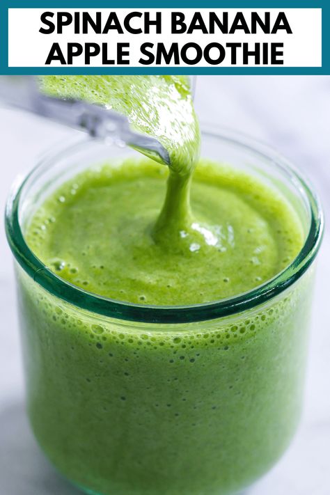 Spinach Banana Apple Smoothie - Nutrition to Fit | Lindsey Janeiro - No Fuss, Healthy Recipes! Apple And Banana Smoothie Recipes, Apple Banana Spinach Smoothie, Wellness Smoothie Recipes, Smoothie With Spinach And Fruit, Spinach Pineapple Smoothie Recipes, Simple Green Smoothie Recipes, Banana And Spinach Smoothie, Spinach Banana Smoothie Recipes, Okra Smoothie Recipe