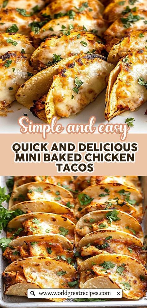 Make taco night unforgettable with these flavor-packed mini baked chicken tacos! Each taco is filled with tender chicken and seasoned to perfection, then baked until crispy for a satisfying crunch. Ideal for game nights or casual get-togethers, these mini tacos offer a fun way to enjoy a beloved dish. Pair them with fresh toppings like avocado, salsa, or sour cream to elevate the taste. Easy to prepare and even easier to enjoy, these tacos are destined to become a family favorite! Baked Chicken Tacos Recipe, Quick Easy Family Meals, Chicken Tacos Recipe, Baked Chicken Tacos, Crispy Tacos, Mini Tacos, Chicken Taco Recipes, Baked Chicken Tenders, Avocado Salsa