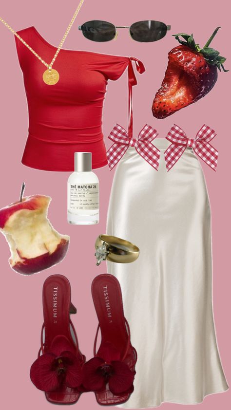 #summer #outfitinspo #outfit #beach #picnic #red #fruit #bows Red Picnic Outfit, Coquette Picnic, Plaid Dress Women, Red Picnic, Aesthetic Evening, Coquette 2000s, Picnic Outfit, Ballet Core, Picnic Dress