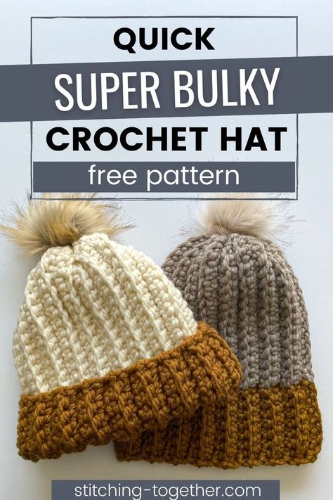 graphic reading "quick super bulky crochet hat free pattern" with a pile of chunky crochet hats in the background Super Bulky Crochet Hat, Bulky Crochet Hat, Super Bulky Yarn Patterns Crochet, Super Bulky Yarn Patterns, Crochet Hat Free Pattern, Bulky Crochet, Bulky Yarn Crochet, Chunky Crochet Hat, Chunky Yarn Crochet