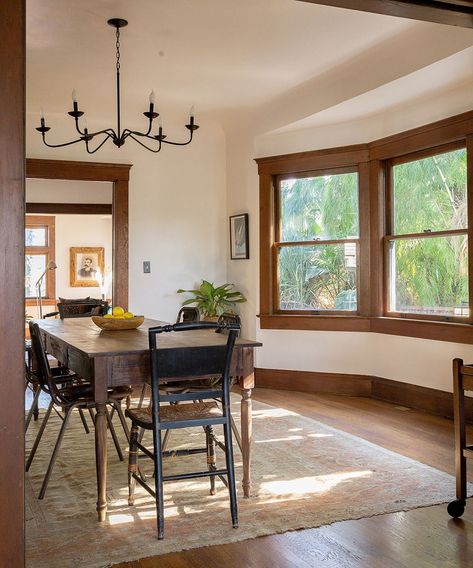 Hardwood Floors With Dark Trim, Craftsman Style Homes Interior Bedrooms, Craftsman Hardwood Floors, Craftsman Style Home Interior, Craftsman Finishes, Craftsman Office, Jamie Haller, West Kensington, Craftsman Dining Room