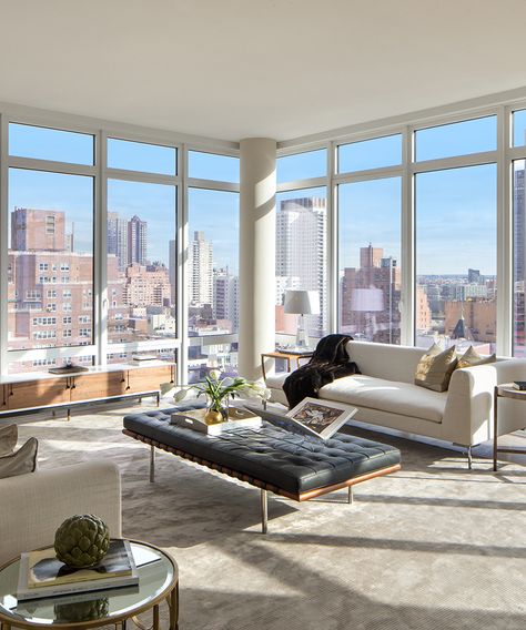 This home features exquisite floor-to-ceiling windows offering breathtaking views of the East River—take a look around! Pictured above, living room. New York Penthouse, Apartment View, Trendy Apartment, Luxury Penthouse, Condo Living, Floor To Ceiling, New York Apartment, Nyc Apartment, Dream Apartment