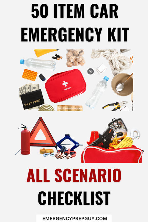 A variety of emergency supplies, including a first aid kit, tools, and food, representing preparedness essentials for a 50 item car emergency kit, go bag, and all scenario checklist. Vehicle Emergency Kit, Emergency Kit For Car Diy, Winter Emergency Car Kit List, Emergency Car Kit For Women, Car Emergency Kit Amazon, Emergency Kit Checklist, Emergency Rations, Emergency Preparedness Checklist, Car Care Kit