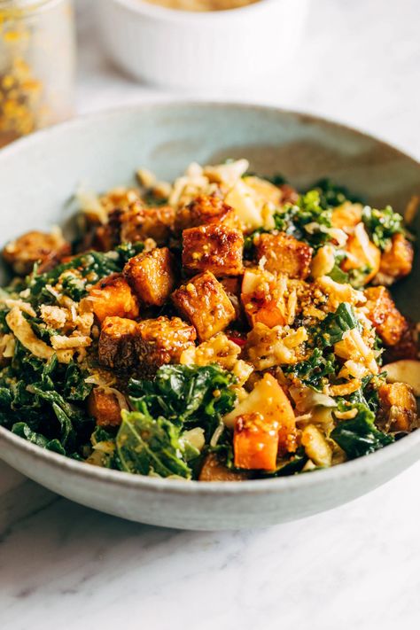 Mustard Tempeh, Tempeh Bowl, Vegan Bowl Recipes, Vegan Tempeh, Marinated Tempeh, Massaged Kale, Fall Vegan Recipes, Tempeh Recipes, Maple Mustard