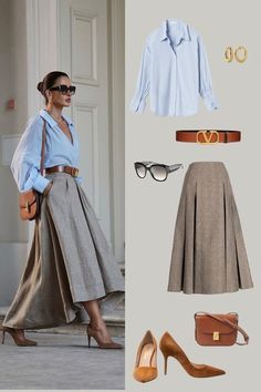 Khaki Office Outfit, Sky Blue And Brown Outfit, Long Brown Skirt Outfit Summer, Blue Shirt With Skirt, Work Outfits Women Long Skirt, Sky Blue Bag Outfit, Brown With Blue Outfit, Long Skirt Business Outfit, Old Money Outfits Skirt Long