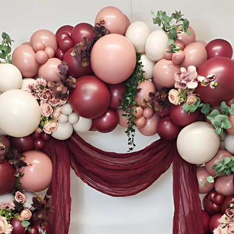 Burgundy And Pink Balloon Garland, Bridal Shower Ideas Burgundy, Burgundy Wedding Shower Ideas, Burgundy Decorations Party, Burgundy Baby Shower Ideas, Maroon Balloon Garland, Burgundy Birthday Party Ideas, Burgundy Balloon Arch, Burgundy Birthday Decorations