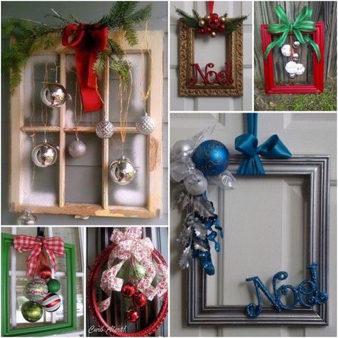 Christmas decorations with photo frames Diy Christmas Plate, Christmas Frames Diy, Christmas Picture Frame, Xmas Frames, Picture Frame Wreath, Christmas Topiary, Christmas Picture Frames, Christmas Buffet, Egg Wreath