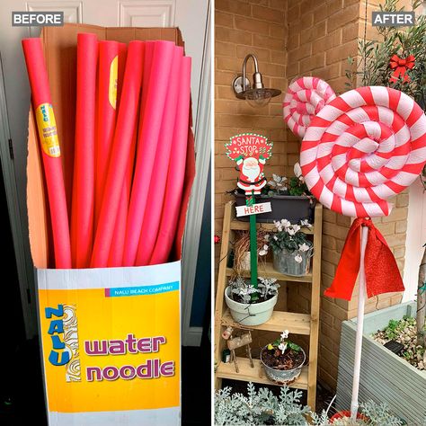 Pool Noodle Candy Cane, Giant Candy Decorations, Diy Giant Candy, Foam Pool Floats, Giant Lollipop, Lollipop Christmas, Outdoor Christmas Party, Candy Cane Lollipops, Lollipop Decorations