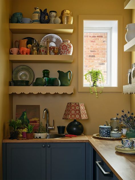 Dish Drawers, Above Sink, Pantry Wall, Happy Kitchen, Cottage Kitchens, Low Cabinet, Yellow Kitchen, Butcher Block Countertops, Interior Paint Colors