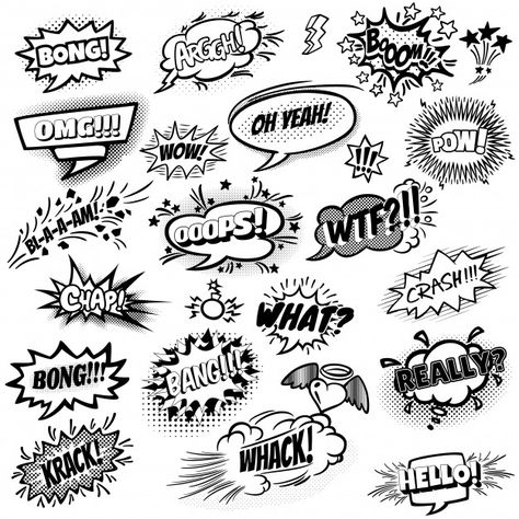 Set of black and white comic speech bubb... | Free Vector #Freepik #freevector #vintage #heart #star #templates Font Wallpaper, Comic Speech Bubbles, Funny Speeches, Comic Bubble, Sketch Note, Comic Book Layout, Holiday Fonts, Comic Font, Black And White Comics