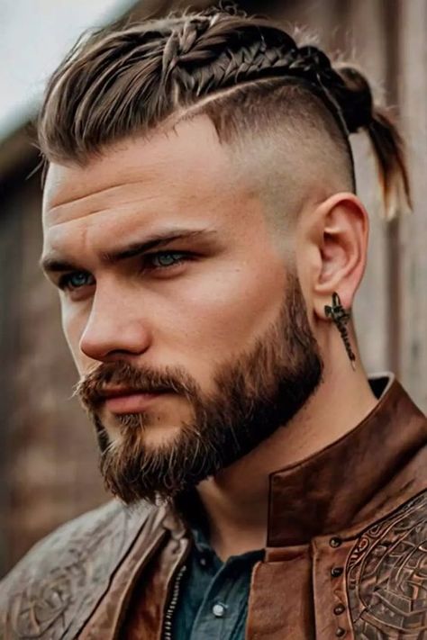 The best ideas for Viking hairstyles are gathered here. Find a short curly mens top knot, a medium undercut hairstyle, intricate Viking braids for long hair and many other stylish haircuts and beards for warriors in our gallery. #menshaircuts #menshairstyles #vikinghairstyles #vikinghaircut Viking Man Hairstyle, Mens Viking Hairstyles Short, Ragnar Hairstyle, Celtic Braids Hair Men, Men’s Hairstyles For Long Hair, Rocker Hairstyles Men, Viking Mullet, Viking Hairstyles Men Long Hair, Viking Short Hair