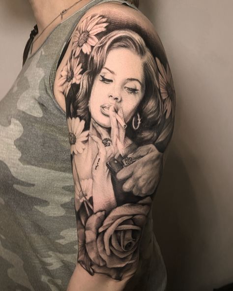 Black And Grey Portrait Tattoo, Music Artist Tattoo Ideas, Lana Del Rey Portrait Tattoo, Back Portrait Tattoo, Self Portrait Tattoo, Lana Del Rey Inspired Tattoos, Black And Grey Realism Tattoo Design, Lana Del Ray Tattoo, Lana Del Ray Tattoos Ideas