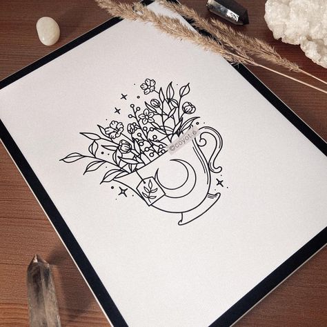 Not Everyone’s Cup Of Tea Drawing, Floral Tea Cup Tattoo, Teacup Flower Tattoo, Cup Of Ambition Tattoo, Cup Runneth Over Tattoo, Tea Cup Tattoo Design, Tea Cup Tattoos, Tea Cup Sketch, Tea Cup Doodle