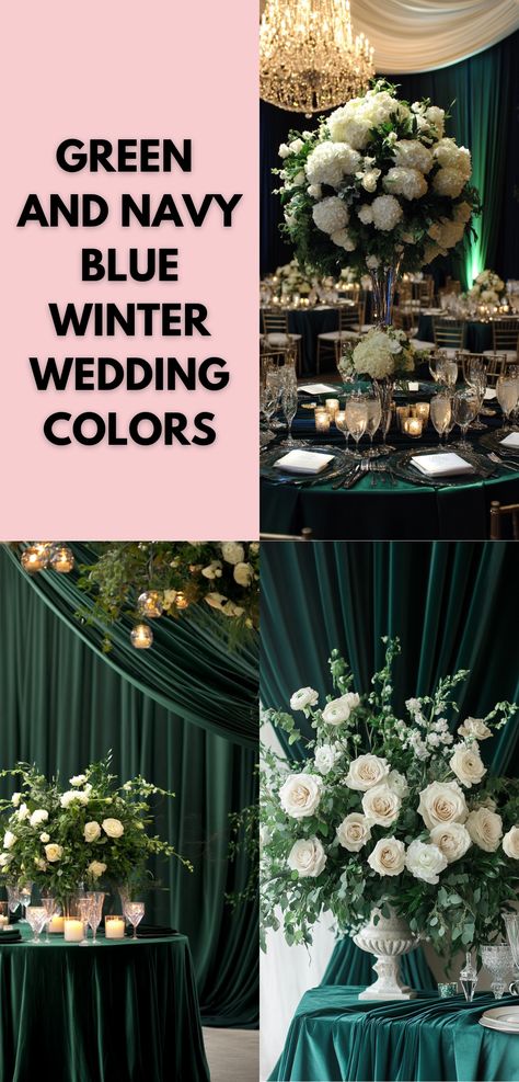 A beautifully styled winter wedding setup featuring green and navy blue colors in decor, floral arrangements, and elegant tablescapes. Emerald And Navy Wedding, Blue Winter Wedding Ideas, Navy Blue Winter Wedding, Urban Chic Wedding, Creative Ideas To Make, Blue Winter Wedding, Winter Wedding Colors, Decor Flowers, Blue Winter