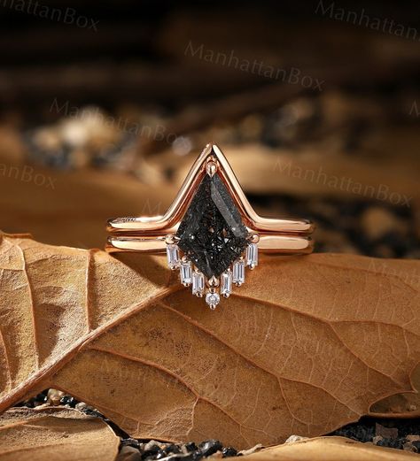 Black Rutilated Quartz Engagement Ring, Rutilated Quartz Engagement Ring, Rose Gold Bridal Set, Gold Bridal Set, Quartz Engagement Ring, Black Rutilated Quartz, Wedding Band Designs, Rutilated Quartz Ring, Baguette Ring