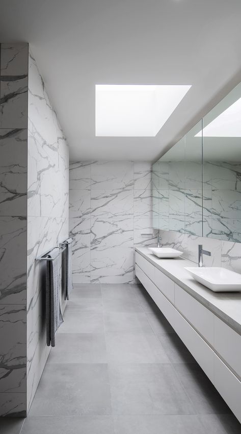 dramatic, light filled marble ensuite with ample storage for Melbourne house design by C.Kairouz Architects & interior designers Vanity Mirror Cupboard, Mirror Cupboards, Dramatic Bathroom, Straight Staircase, Mirror Cupboard, Grey Marble Bathroom, White Spaces, Grey Bathroom Tiles, Grey Floor Tiles