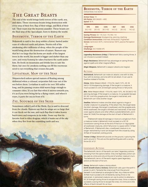 Behemoth, terror of the earth (CR30) Homebrew 5e, 5e Monsters, Monster Manual, Dnd Stats, Dnd Classes, Dungeons And Dragons 5e, Dnd 5e Homebrew, Dnd Dragons, D D Monsters