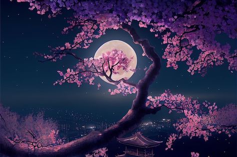 Pink cherry sakura tree, japanese night ... | Premium Photo #Freepik #photo #blossom-background #blossom #blossom-flower #sakura-background Sakura Tree Anime Background, Cherry Blossom Background Aesthetic, Sakura Tree Background, Sakura Background, Anime Cherry Blossom, Sakura Painting, Blossom Background, Flower Sakura, Sakura Wallpaper