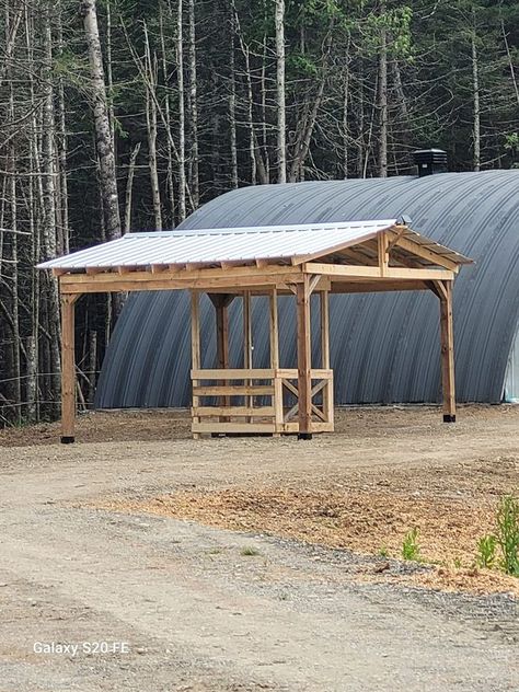 Barn, Tackroom & Trailer Design, DIY & Hacks | I have been wanting to build a shelter, and i had a round steel feeder for my hay which I didn't want to put under the shelter because I didn't  want ... | Facebook Outdoor Hay Feeder, Round Bale Hay Feeder For Horses, Diy Hay Feeder For Horses, Horse Barn Hacks, Hay Shelter, Round Bale Hay Feeder, Hay Hut, Diy Hay Feeder, Simple Horse Barns