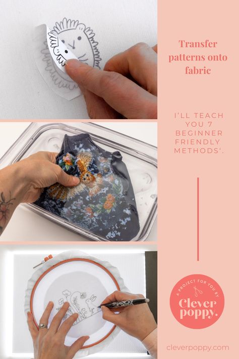 There are lots of options and variations about how to transfer your embroidery pattern to fabric. But I have created a guide to help you to choose a method that best suits your needs and preferences – without overwhelming you! I encourage you to practice with different techniques, and you’ll find a favourite method that you can easily whip out each time you start a new project. Enjoy the process of transferring your pattern and bringing your embroidery to life! Julie xx Poppy Diy, Clever Poppy, Hoop Dress, Carbon Paper, Fabric Drawing, Pilot Frixion, Enjoy The Process, Fabric Pen, White Pen