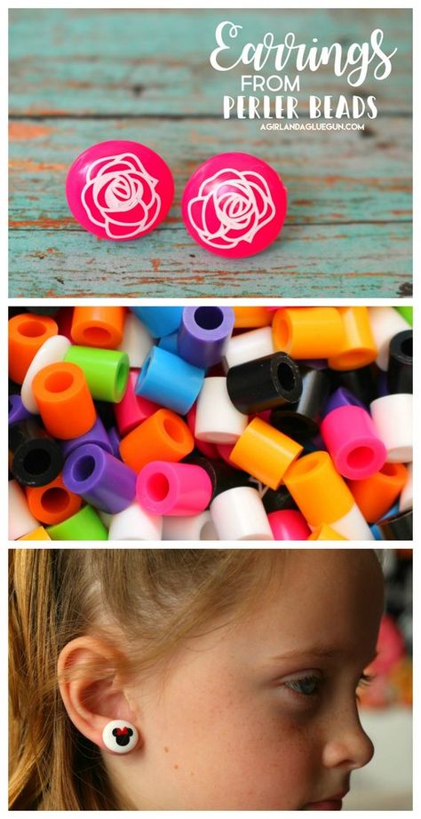 Melt perler beads into earrings! - A girl and a glue gun Hannah Ideas, Melted Beads, Perler Bead Designs, Perler Bead Crafts, Camp Crafts, Perler Ideas, Laser Projects, Hama Bead, Diy Perler Beads