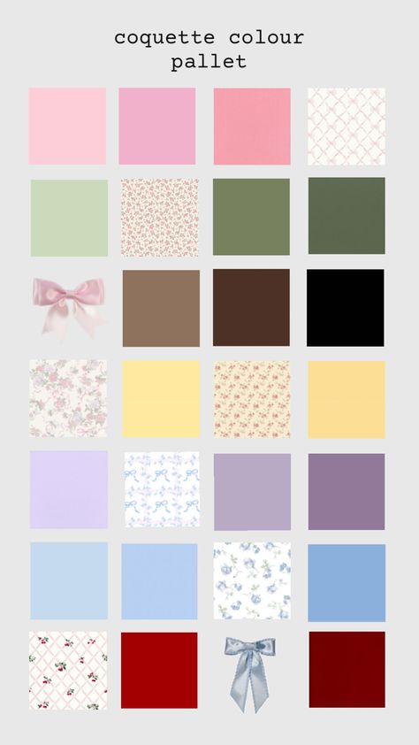 coquette, colour pallete, bows, floral Coquette Color Palette, Color Pallets, Floral Flowers, Colour Palette, Color Palette, Floral, Flowers, Color