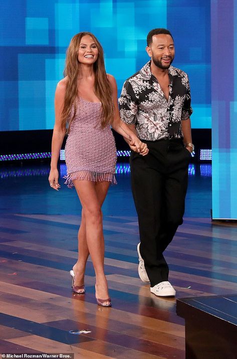 Chrissy Teigen Style, Surprise Visit, Chrissy Teigen, John Legend, Ellen Degeneres, Fashion Couple, Celebrity Couples, Peplum Dress, Talk Show