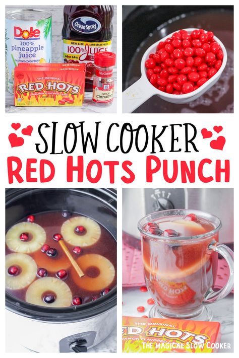 Make Red Hots Punch in your slow cooker. The punch has cranberry juice, pineapple juice, red hot cinnamon candies, and cinnamon sticks. Some call this Warm Christmas Punch Or Hot Cinnamon Punch. - The Magical Slow Cooker Hot Punch Recipe, Hot Wassail Recipe, Christmas Apple Cider, Hot Christmas Drinks, Cinnamon Candies, Crockpot Drinks, Apple Cider Punch, Wassail Recipe, Red Hots Candy