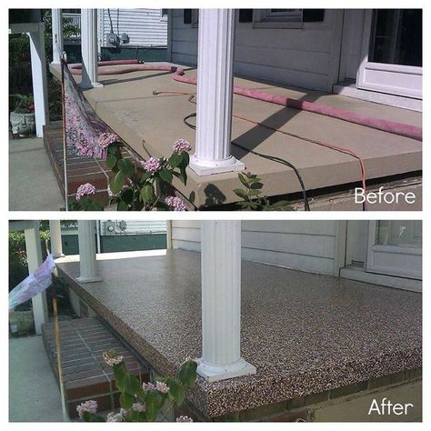 Before and after of cement porch painted with epoxy paint Cement Porch, Painted Cement Patio, Painted Porch Floors, Concrete Front Porch, Paint Concrete Patio, Concrete Patio Makeover, Front Porch Makeover, Porch Paint, Floor Makeover